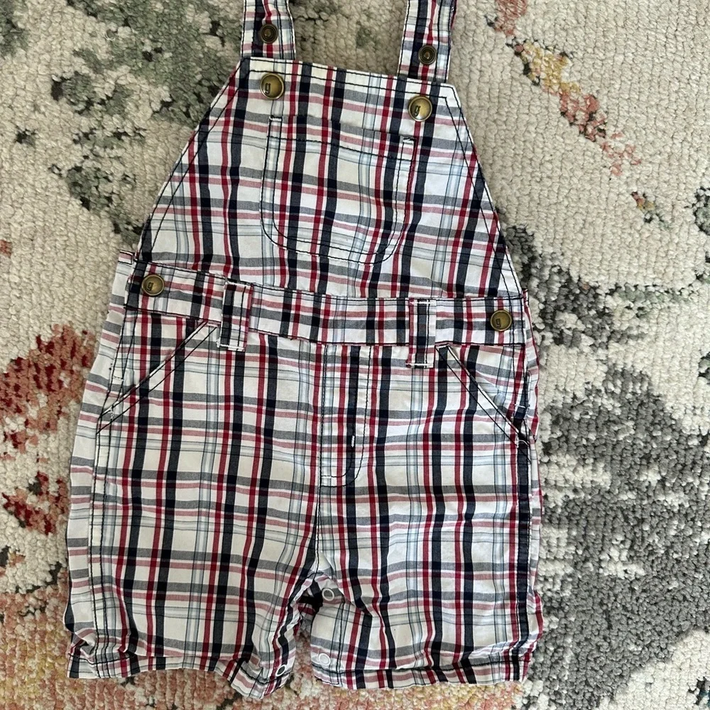 Y2K Gymboree Baby Boy Plaid Red White Blue Overalls Shortalls 6-12 M 100% Cotton